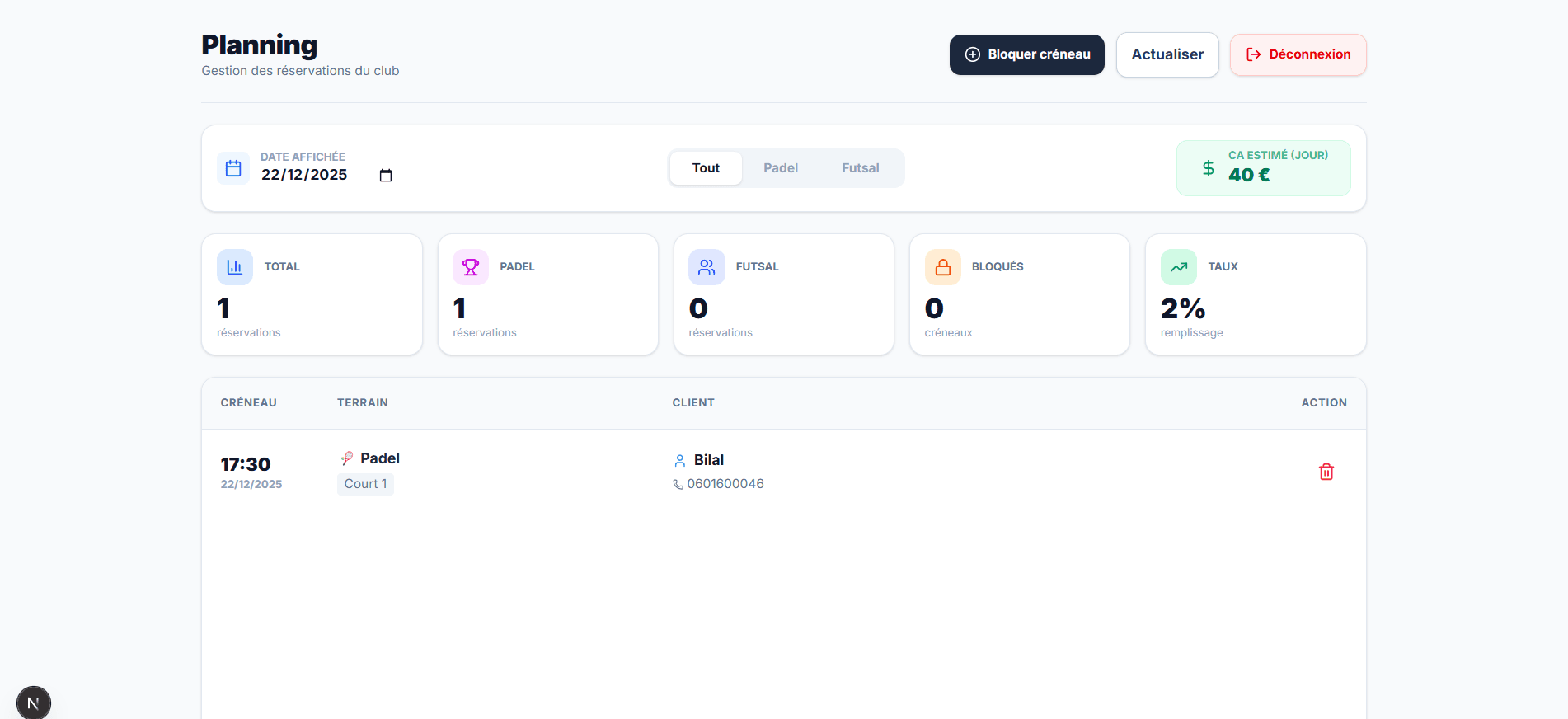 Dashboard administrateur Arena